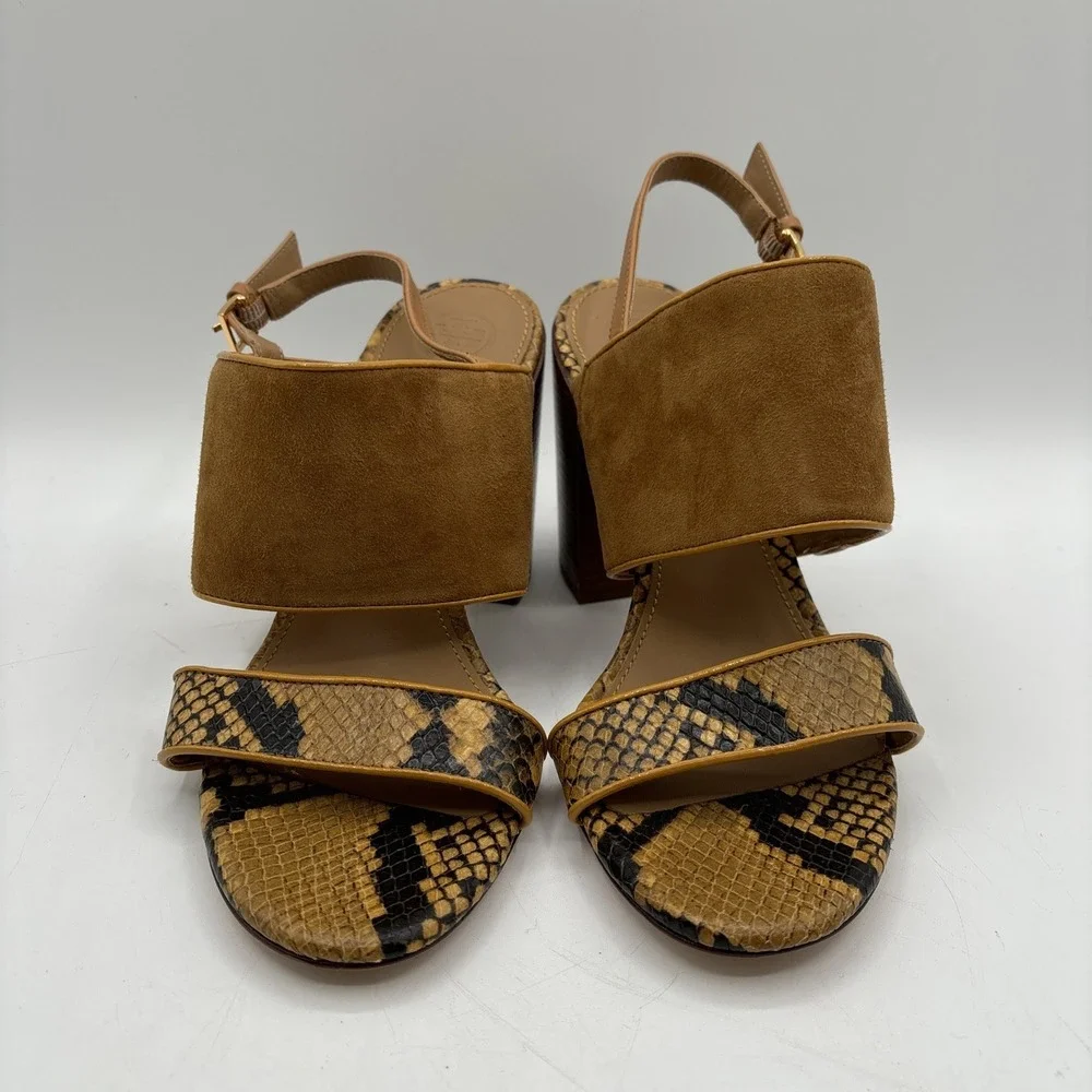 Tory‎ Burch Kira Heeled Sandals Women's 7 Brown Snake Print Suede Leather